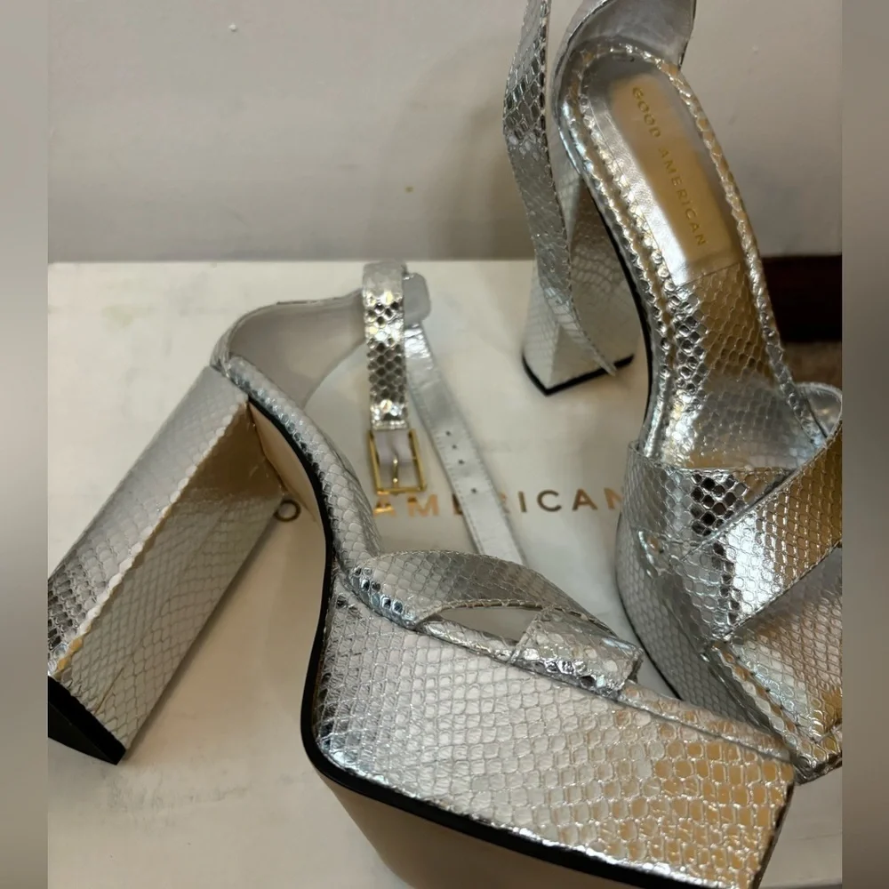 Good American Silver Snake Square Toe Platform Heels NEW